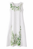 White Cotton Dress with Hand Painted Green Foliage Design Size L